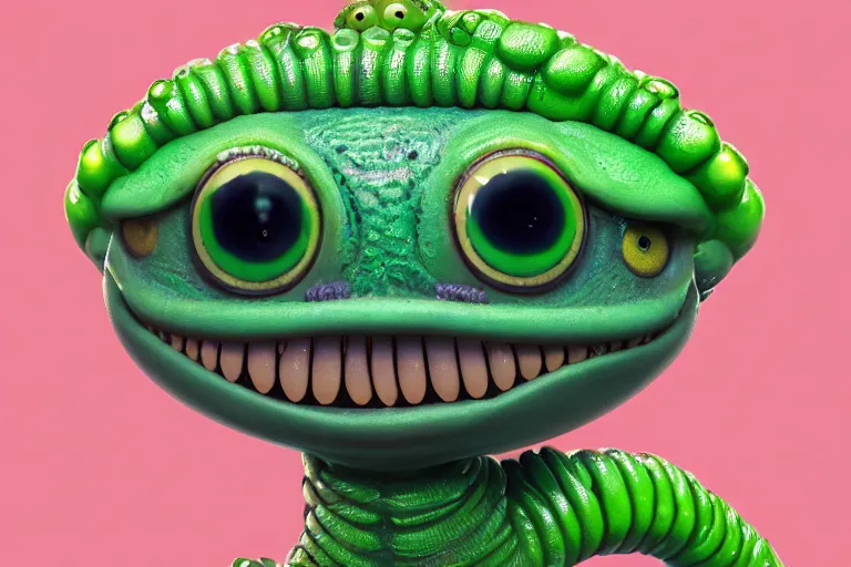 Image similar to symmetrical intricate murky clay cute friendly big eyes smiling green worm character kawaii, in the style of craola, macro lens, shallow depth of field, highly detailed, digital painting, trending artstation, concept art, illustration, cinematic lighting, pastel, photorealism, epic, octane render