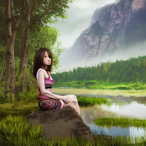 Prompt: prompt Young Woman, wearing Inka clothes, sad expression, sitting at a pond, mountainous area, trees in the background, digital art