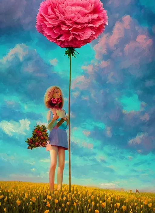 Image similar to woman with a giant carnation as a face, flower field, surreal photography, sunset dramatic light, impressionist painting, colorful clouds, blue sky, digital painting, artstation, simon stalenhag