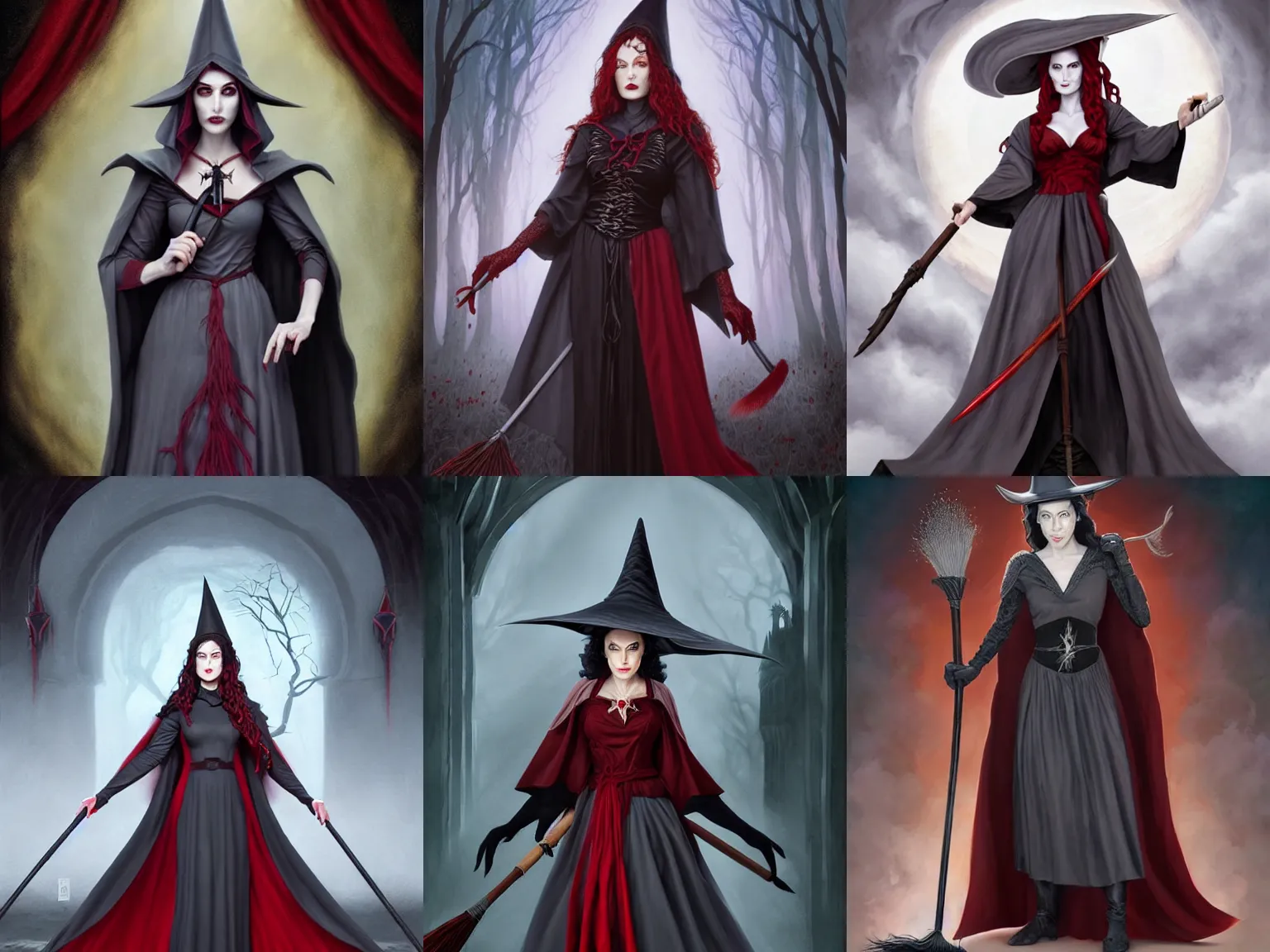 Prompt: Full body Portrait of gorgeous old Witch, with dark grey hair, pale skin, red eyes, classical witch robe, magic broom, pointy witch hat, visible face, magical cauldron, D&D, DND, extremely detailed, detailed face, modest, high fantasy, matte painting, by artgerm and Craig Mullins, James Jean and Clyde Caldwell, trending on artstation artstationHD, artstationHQ, cgsociety, HD 16K