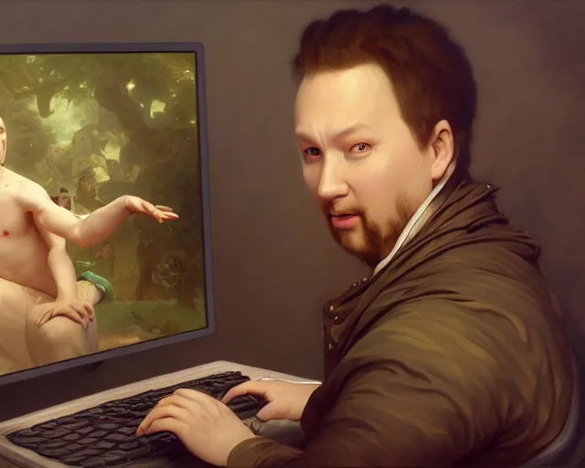 Image similar to A fantasy comic book style portrait painting of limmy, Caucasian eyes, using his desktop pc, François Boucher, Oil Painting, Mystical, unreal 5, DAZ, hyperrealistic, octane render, Regal, Refined, Detailed Digital Art, RPG portrait, William-Adolphe Bouguereau, Michael Cheval, Walt Disney (1937), dynamic lighting, Highly Detailed, Cinematic Lighting, Unreal Engine, 8k, HD