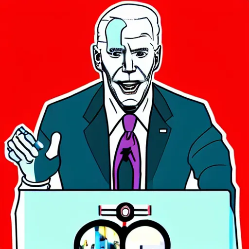 Prompt: A cyberpunk cybernetically-enhanced android Joe Biden giving a speech to a city, pop art, synthwave, painting