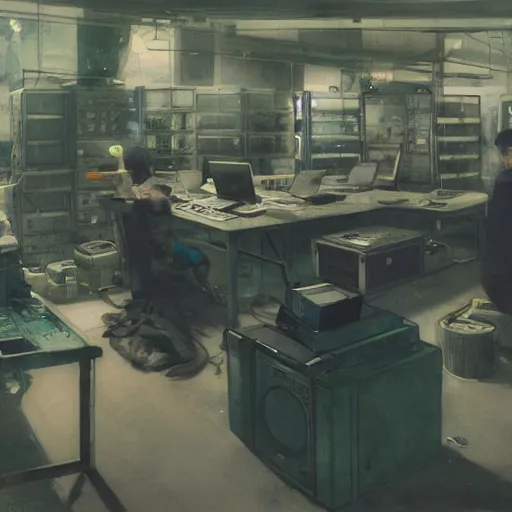 Image similar to portrait of lain iwakura, background room full of cables and computers by yoshitoshi abe, ruan jia and joao ruas, atmospheric, green and blue tones