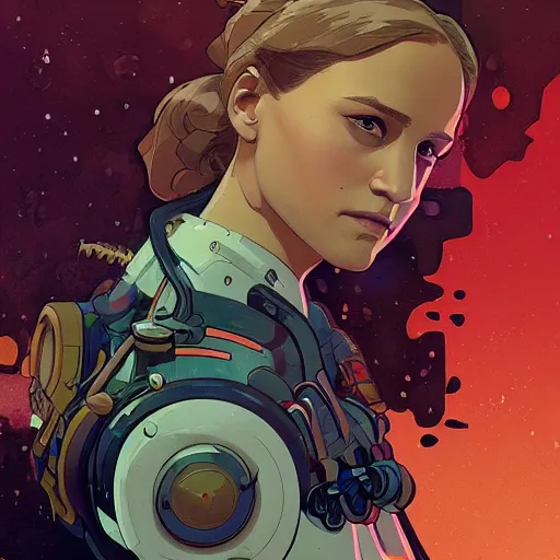 Image similar to Alicia Vikander as a dirty cyborg spaceship mechanic, highly detailed, artstation, digital illustration, concept art, by Kyoto Animation and Studio Ghibli, by Ilya Kuvshinov and Alphonse Mucha