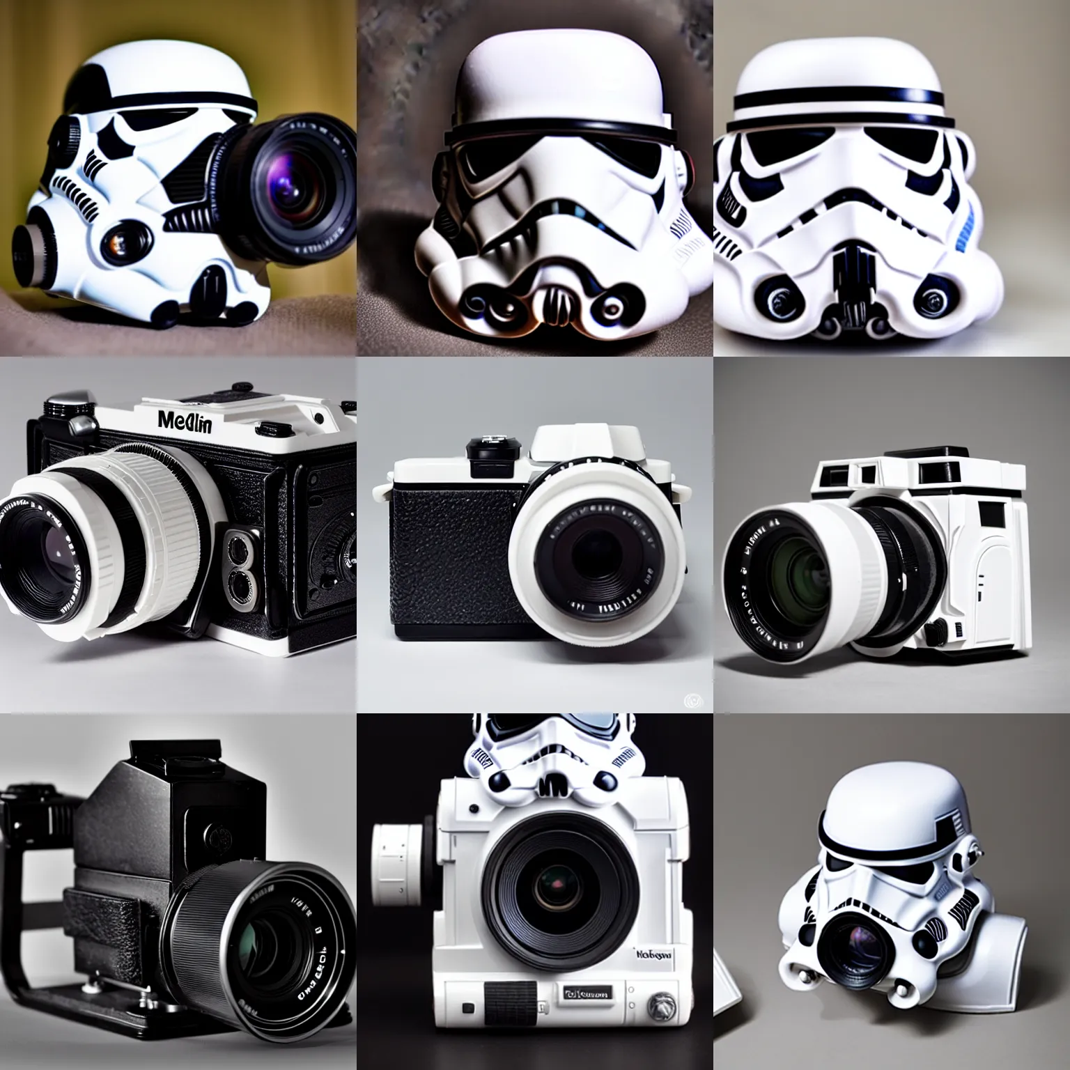 Prompt: a medium format camera!!!!!!!!! with characteristics of storm trooper