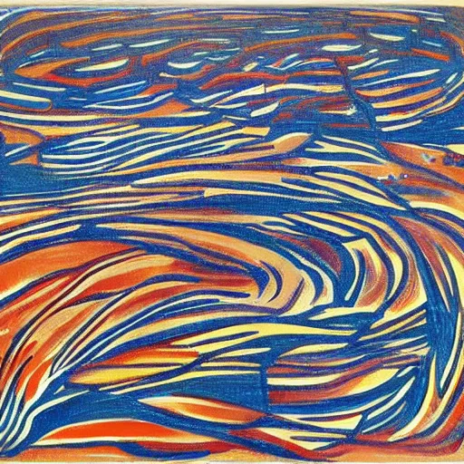 Image similar to a river scene. The river is represented by a line winding through the center of the mixed mediart. The banks of the river are represented by two lines, one on each side. instruction manual by Emily Kame Kngwarreye calm, aesthetic