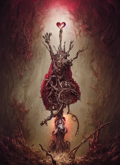 Prompt: the king of hearts, death tarot card, highly detailed, cinematic, 8 k, by megan duncanson, benjamin lacombe, adrian borda, stanley artgermm, tom bagshaw, craig mullins, carne griffiths, ayami kojima, beksinski, giger, trending on deviantart, hyper detailed, horror, full of colour