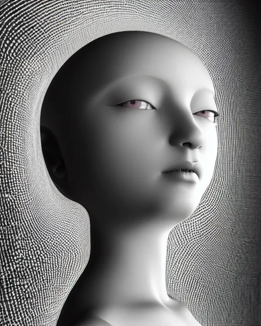 Image similar to mythical dreamy black and white organic translucent bio-mechanical spinal ribbed profile face portrait detail of mechanical beautiful female angelic-human-doll-cyborg, highly detailed, intricate crystal jelly steampunk ornate, poetic, 3D render, digital art, octane render, 8K artistic photography, photo-realistic, by Dora Maar