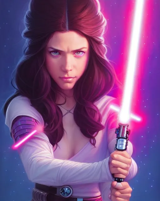 Image similar to pretty blue eyed brunette girl!! pink lightsaber! gorgeous, beautiful, jedi, fire emblem, art by artgerm and greg rutkowski and magali villeneuve, portrait, d & d, fantasy, highly detailed, digital painting, trending on artstation, concept art, sharp focus, illustration