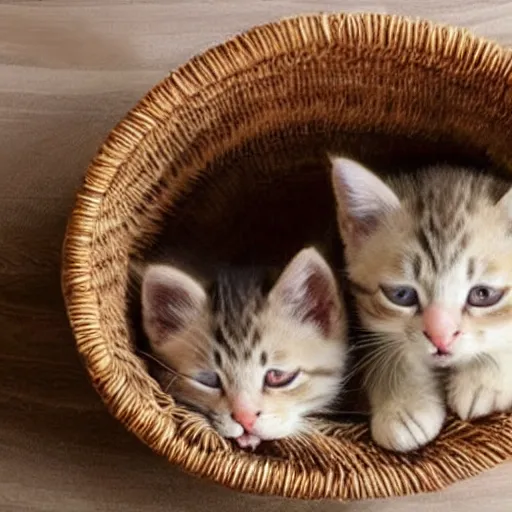 Image similar to two kittens sleeping in a basket, happy, cute