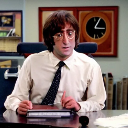 Image similar to a still of the office, starring john lennon