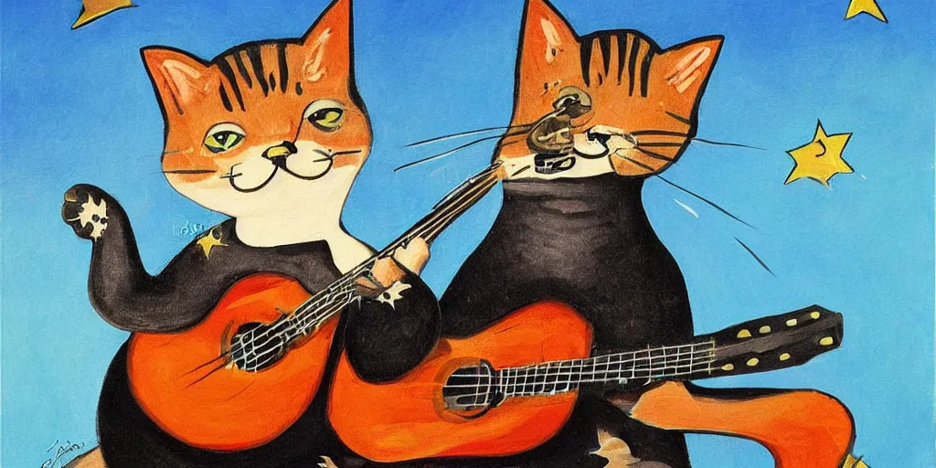 Prompt: a cat playing guitar, a big star, a blue sky, by Leonidas Gambartes