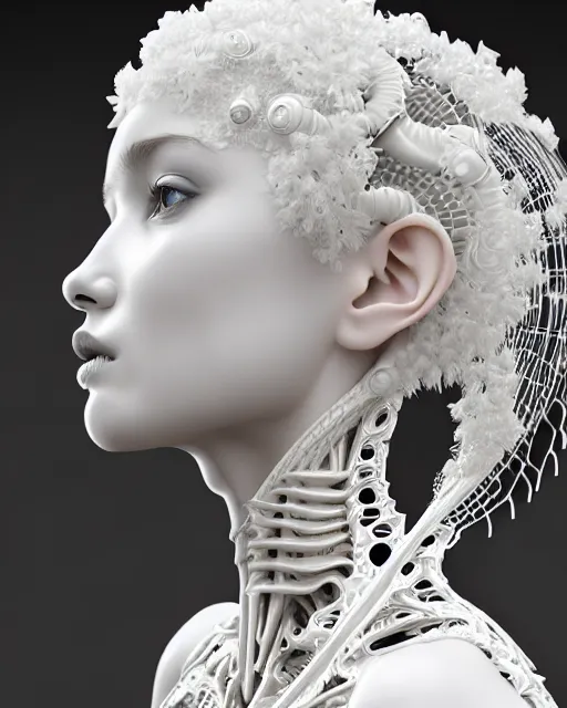 Prompt: bw 3 d render, stunning beautiful young angelic cute biomechanical albino female cyborg with a porcelain profile face, rim light, big leaves and stems, roots, fine foliage lace, alexander mcqueen, art nouveau fashion embroidered, steampunk, silver filigree details, hexagonal mesh wire, mandelbrot fractal, elegant, artstation trending