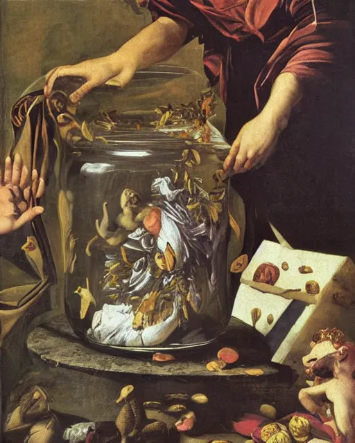 Image similar to a painting of pandora opening her jar, releasing critters that impersonate sickness and death by artemisia gentileschi