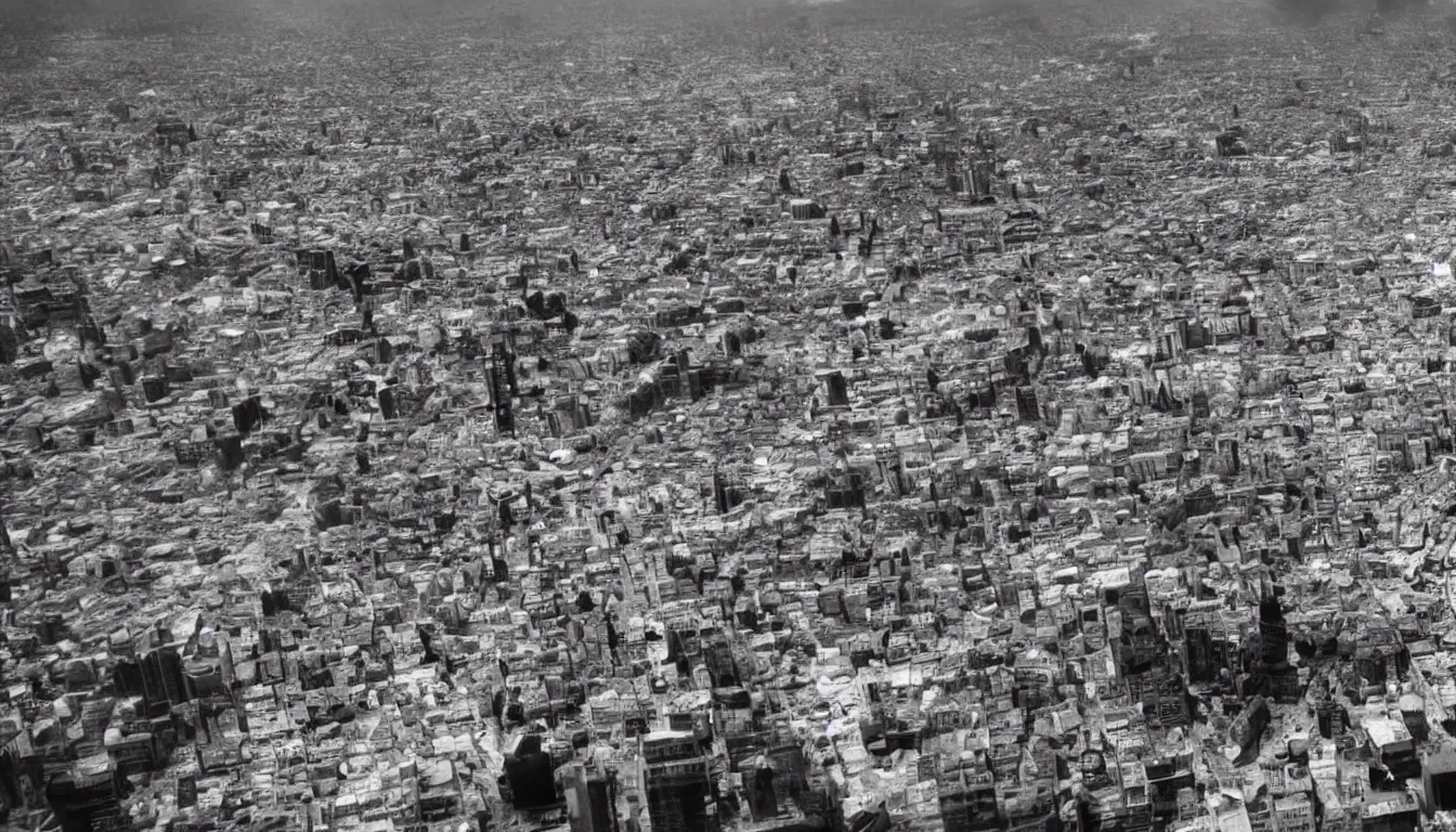 Image similar to Giant Gigachad destroying a city, drone footage black and white