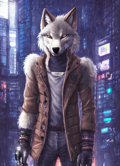 Image similar to character portrait of a male anthro wolf fursona with a tail and a cute beautiful attractive detailed furry face wearing stylish cyberpunk clothes in a cyberpunk city at night while it rains. hidari, color page, tankoban, 4K, tone mapping, Akihiko Yoshida.