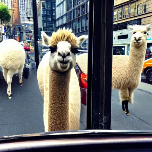 Prompt: <photograph accurate=true quality=very-high>looking out the window at a busy city street</photograph><photobomb>alpaca</photobomb>