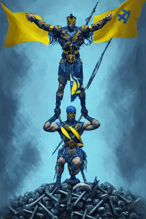 Image similar to a distant shot from below of a Ukrainian super soldier with blue and yellow flag behind him and a trident symbol on the chest standing alone on a huge pile of skulls posing as a winner, masculine muscular figure, D&D, fantasy, intricate, elegant, highly detailed, extremely detailed, digital painting, artstation, concept art, matte, smooth, hyper realistic, sharp focus, illustration, art by Artgerm and Greg Rutkowski and Alphonse Mucha