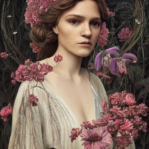 Image similar to portrait of Adrianne Lenker as a young pretty woman in flowing dress, arrogant, mysterious, long fine flowing hair, delicate, looking at camera, realistic face, intricate, stylish, elegant, grimdark, flowers, extremely detailed photograph by Martine Johanna and Ernst Haeckel and Greg Rutkowski