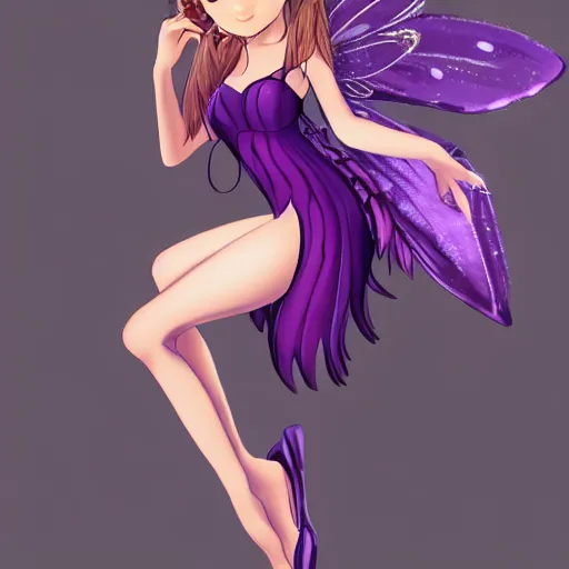 Prompt: very very very beautiful tiny fairy woman in her 20s with fairy wings wearing skintight purple dress, making eye contact, smiling, flirty, perfect body, perfect face, drawn by WLOP