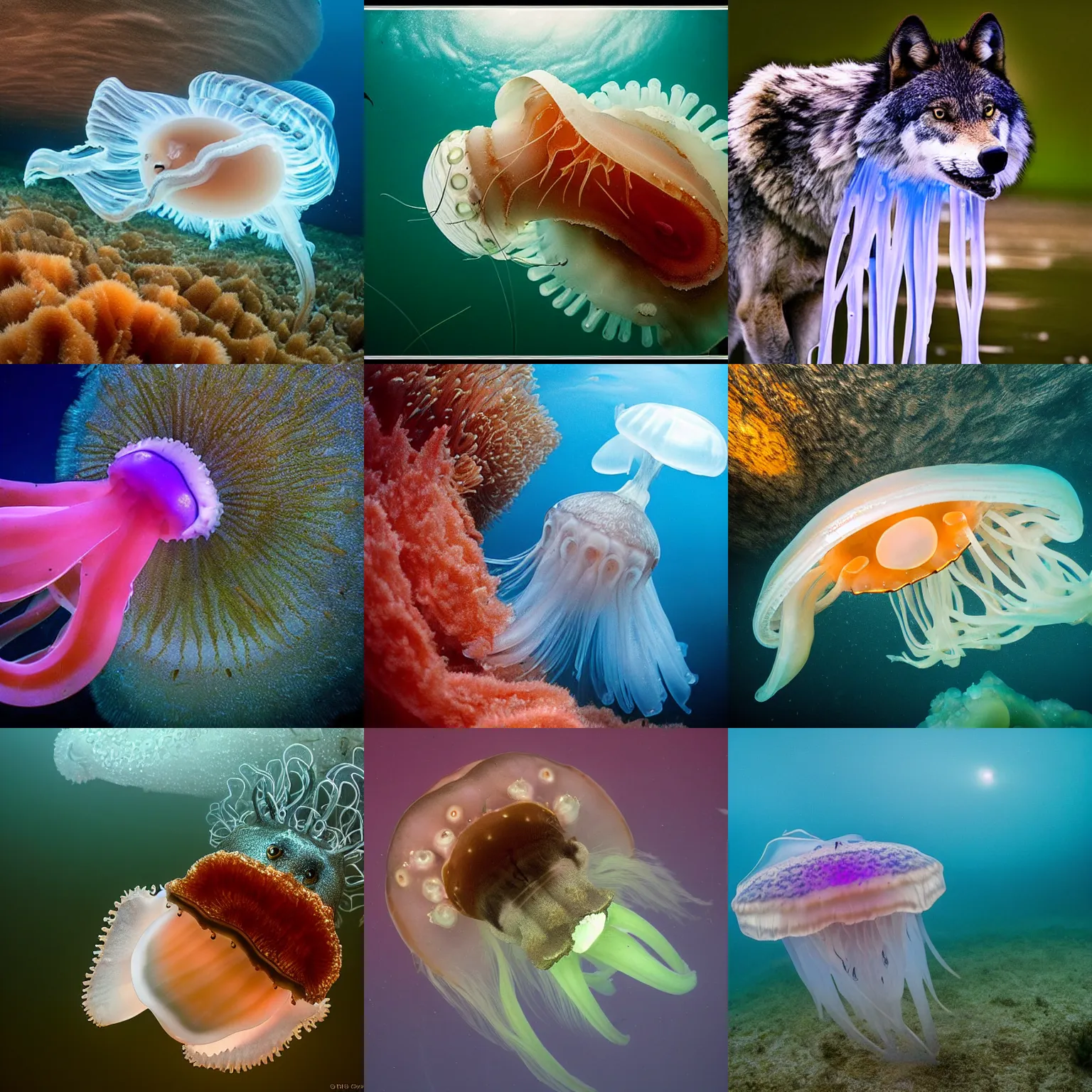 Prompt: a wolf-jellyfish-squid, wildlife photography