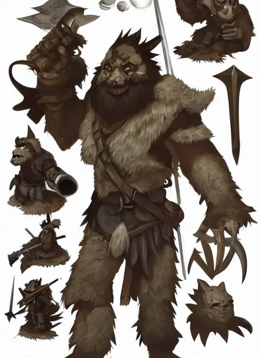 Prompt: bugbear ranger, black beard, dungeons and dragons, hunters gear, character design on white background, by makoto shinkai