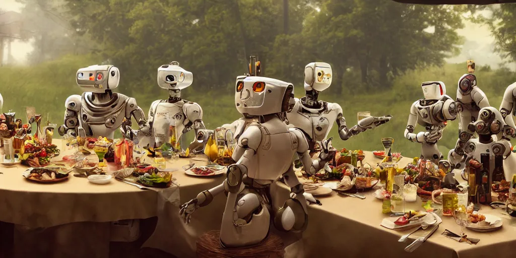 Image similar to a table dinner of robots where robots are dressed like the characters from the midsommar movie, cinematic, hyperdetailed, octane render, trending on art station, ultrarealistic