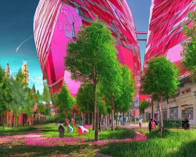 Image similar to turkey! - hungary! khaganate in 2 0 3 3 year, with futuristic! buildings, with pink! and green! trees around buildings, highly detailed digital art