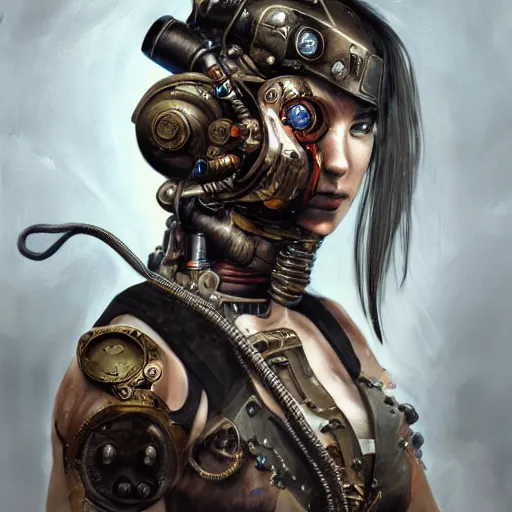 Prompt: portrait painting of a steampunk cyborg mma fighter, transhumanism, ultra realistic, concept art, studio ghibli, intricate details, eerie highly detailed