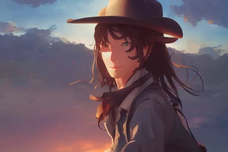 Image similar to western cowgirl, single subject, scenic full shot, ambient lighting, detailed face, by makoto shinkai, stanley artgerm lau, wlop, rossdraws