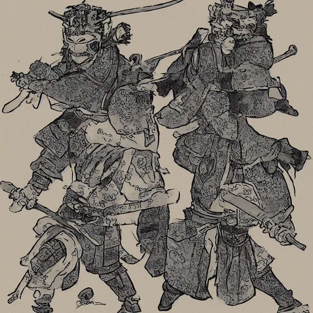 Image similar to a samurai wearing an iron koala mask, full body photo, comic style