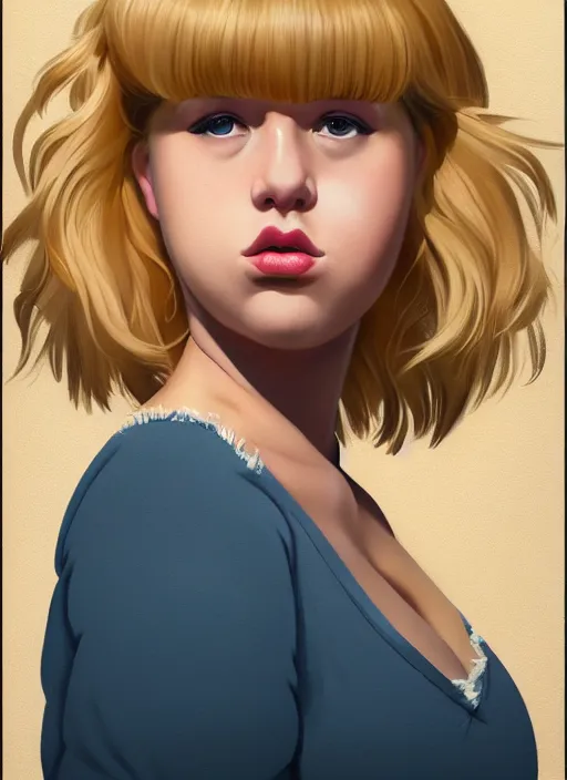 Image similar to full body portrait, teenage betty cooper, blonde hair, obese, bangs, ponytail, sultry, realistic, sultry smirk, fluffy bangs, curly bangs, fat, belly, beautiful girl, intricate, elegant, highly detailed, digital painting, artstation, concept art, smooth, sharp focus, illustration, art by wlop, mars ravelo and greg rutkowski