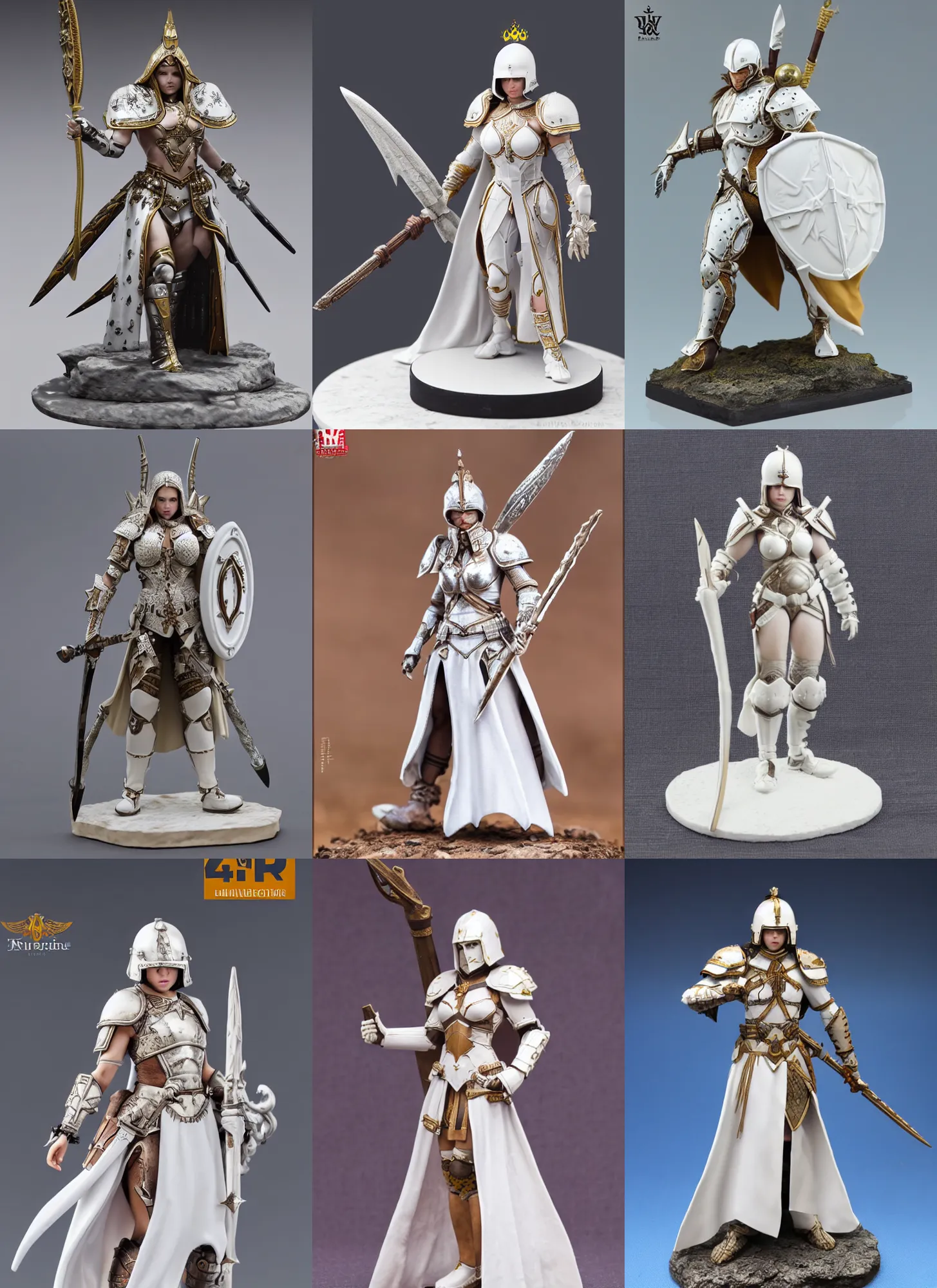 Prompt: 80mm resin detailed miniature of a Queen of war, white armor, iron helmet, Very long white cloak, Very muscular, abdomen, olive skin, on textured base; Miniature product Introduction Photos, 4K, Full body; Front view