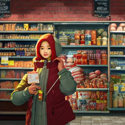 Image similar to the portrait a grocery young asia woman in down jacket, the background is a grocery store, winter, rural northeast an ultrafine hyperdetailed illustration by kim jung gi, irakli nadar, intricate linework, bright colors, octopath traveler, final fantasy, unreal engine 5 highly rendered, global illumination, radiant light, detailed and intricate environment