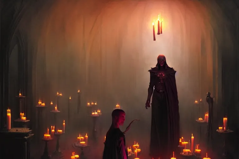 Image similar to Character concept art of Pretty guy male necromancer bringing dead to alive, casting dark magic spell. Gothic Castle room, lots of candles, barely lit warm violet red light, surrounded by ghosts coming through the floor By greg rutkowski, tom bagshaw, beksinski