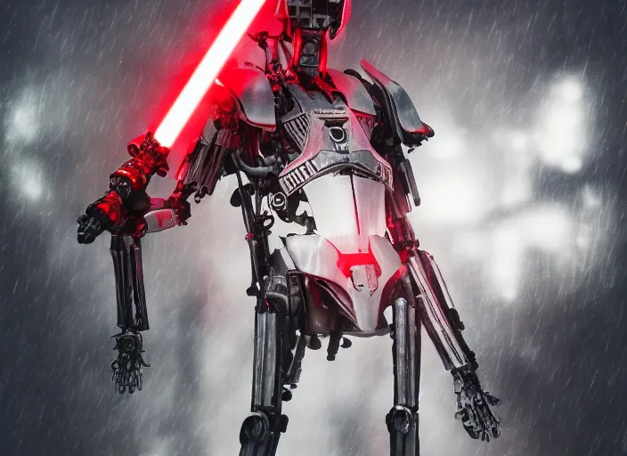 Prompt: 3 5 mm portrait photo of ( general grievous )!! with heavy duty biomechanical cybernetic body with many red lightsabers in the city in the rain. cyberpunk horror in the style of george lucas.