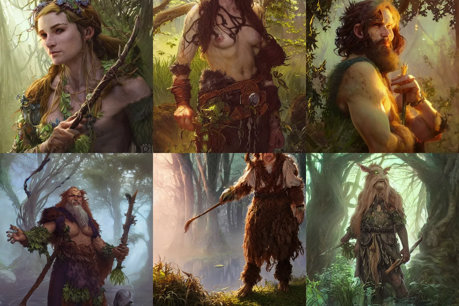 Prompt: a firbolg druid who is a groundskeeper, surrounded by swamp pets, D&D, fantasy, intricate, cinematic lighting, highly detailed, digital painting, artstation, concept art, smooth, sharp focus, illustration, art by Artgerm and Greg Rutkowski and Alphonse Mucha