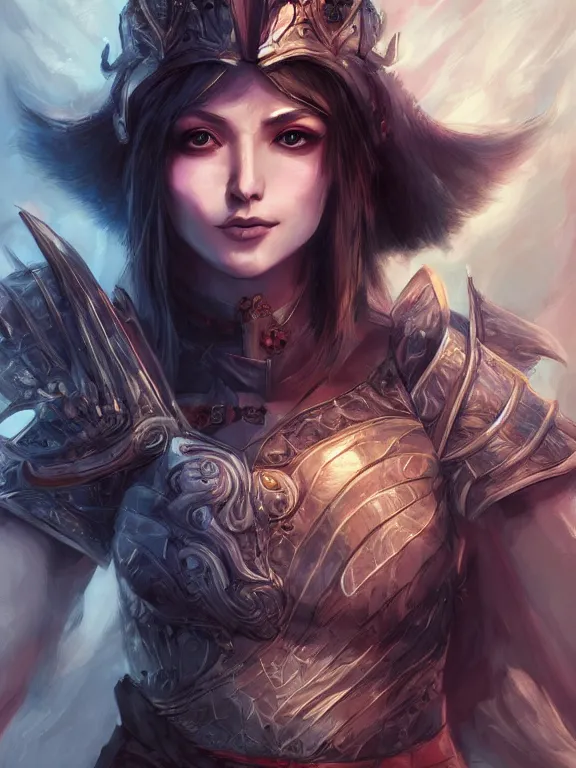 Prompt: a beautiful hyper realistic detailed epic concept art showing a noble knight women and her spirit raccoon above her, by artgerm, charlie bowater and harumi hironaka, in the style of dragon age, featured on artstation