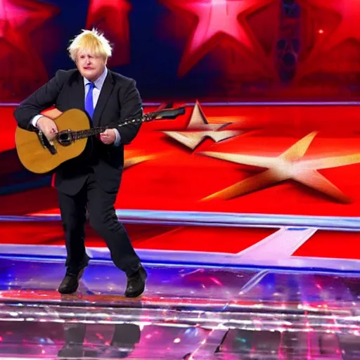 Image similar to boris johnson singing with a microphone on americas got talent, tomatoes and anchors being thrown at him, 4 k photograph