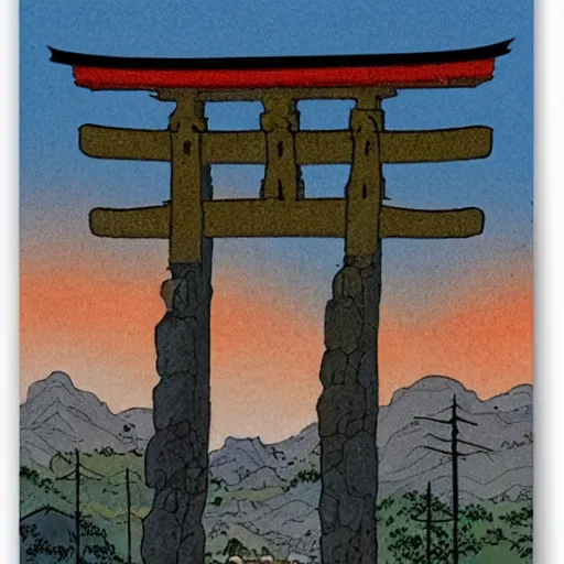 Image similar to a japanese landscape filled with torii arches, dawn, by enki bilal