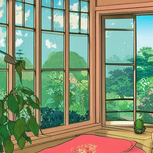 Image similar to Very detailed photoillustration of a meditative room in the warm morning sunlight with windows showing a beautiful garden, studio Ghibli, Wes Anderson