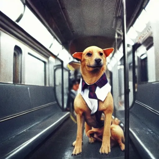 Image similar to a dog wearing a business suit on a subway train, 1 9 7 0 colour photography