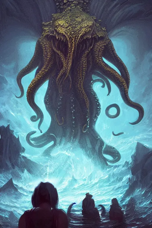 Image similar to cthulhu kaiju, ocean, storm, digital art, magic the gathering, mtg, by greg rutkowski, trending on artstation