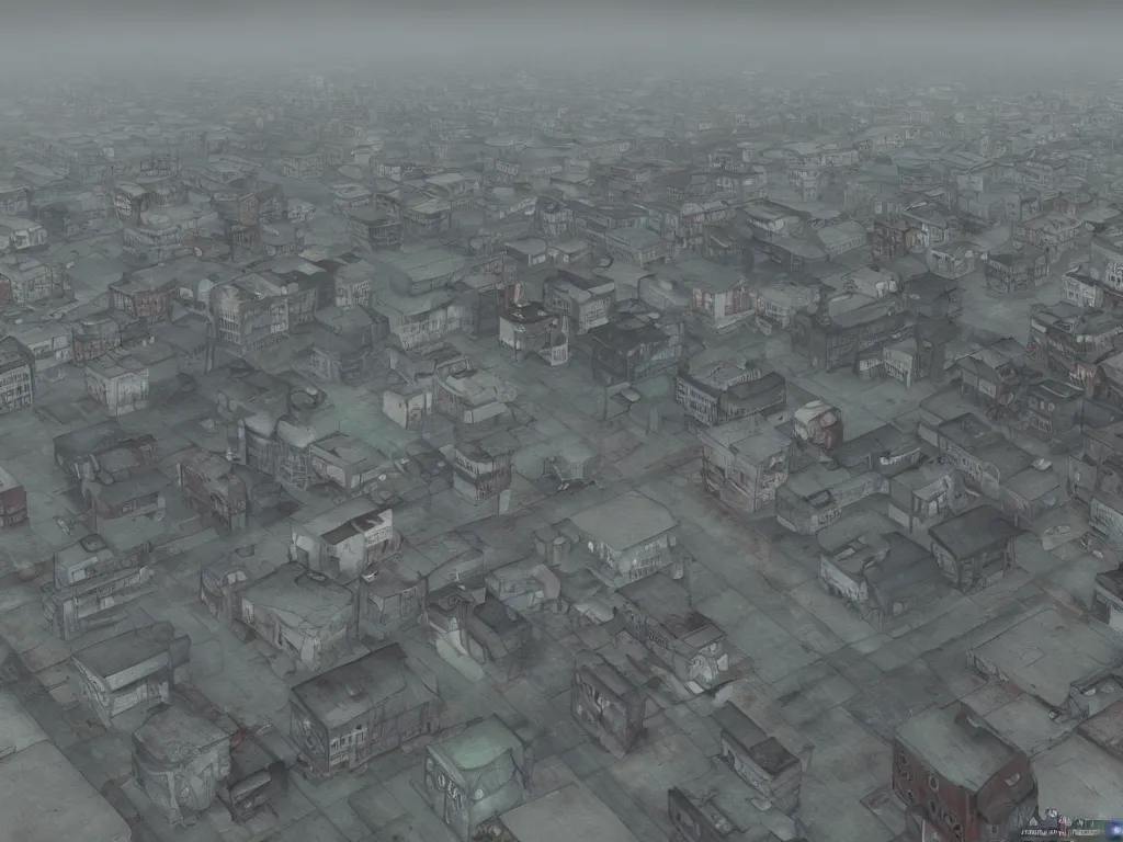 Image similar to city of Norilsk in the style of silent hill, scary, creepy, terrifying, foggy city, ps2 style