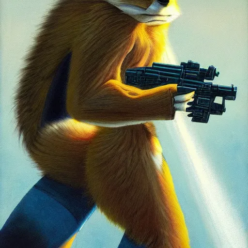 Image similar to a portrait of fox mccloud holding a blaster, suspenseful, heroic, anthropomorphic furry art, star fox, by jim burns, vincent di fate, and peter elson