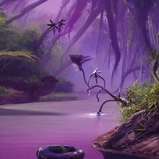 Image similar to a purple head of a serpent with big white eyes, sticking above the water in the mangroves, marshes, trending on artstation, 4 k, video game art, oil painting