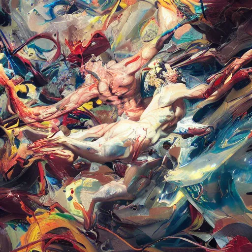 Image similar to jackson pollock painting, abstract chaos art, fantasy, hd, volumetric lighting, 4 k, intricate detail, by jesper ejsing, irakli nadar