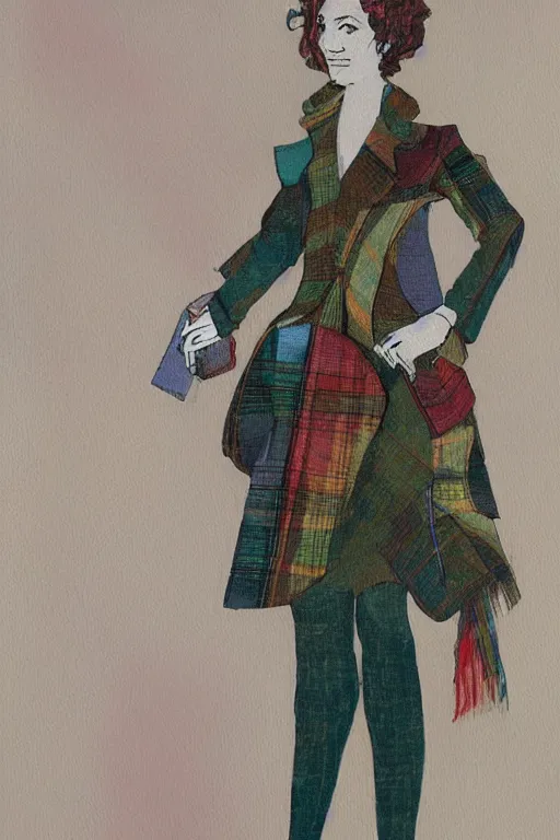 Prompt: a scene depicting a elegant character wearing a voluminous suit made from tartan and transparent plastic, blurred, muted colors, acrylic, super detailed, soft light