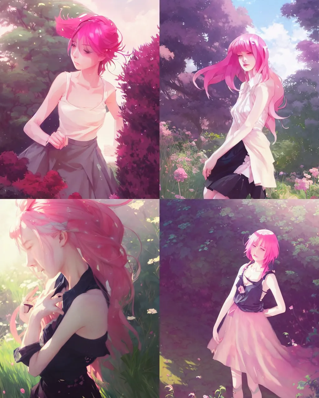 Prompt: a girl with pink hair and black skirt in the garden, a beautiful half body illustration, top lighting, perfect shadow, soft painting, reduce saturation, leaning towards watercolor, art by hidari and krenz cushart and wenjun lin