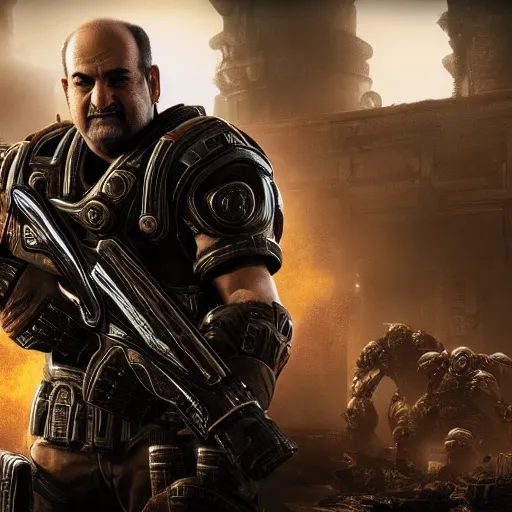 Image similar to salman rushdie in gears of war, splash art, movie still, cinematic lighting, ray tracing, detailed face, octane render, long lens, shallow depth of field, bokeh, anamorphic lens flare, 8 k, hyper detailed, 3 5 mm film grain